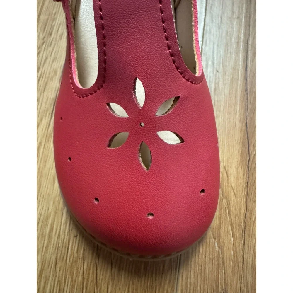 Abby & Evie Girls Red T-Strap Flower Cutout Shoes Hook Loop Size 11 EU 29